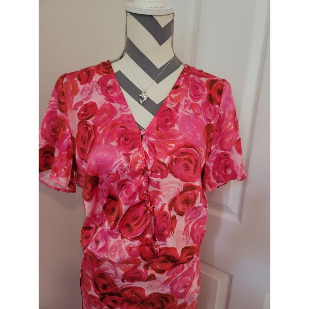 Pink Floral Rose Print Wrap Top & Flare Skirt Set Sz M Satin Lightweight Travel - Picture 2 of 13